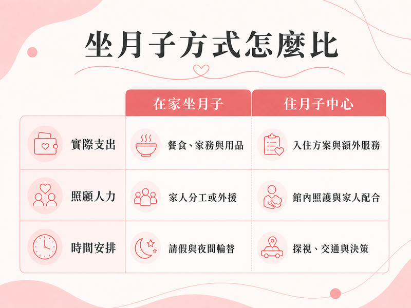 在家坐月子與住月子中心比較表，對照實際支出、照顧人力與時間安排