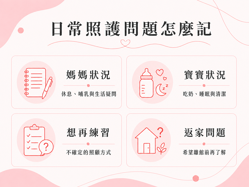 入住月子中心後,媽媽與寶寶通常會得到哪些照顧? 日常照護問題紀錄圖,包含媽媽狀況、寶寶狀況、想再練習與返家問題
